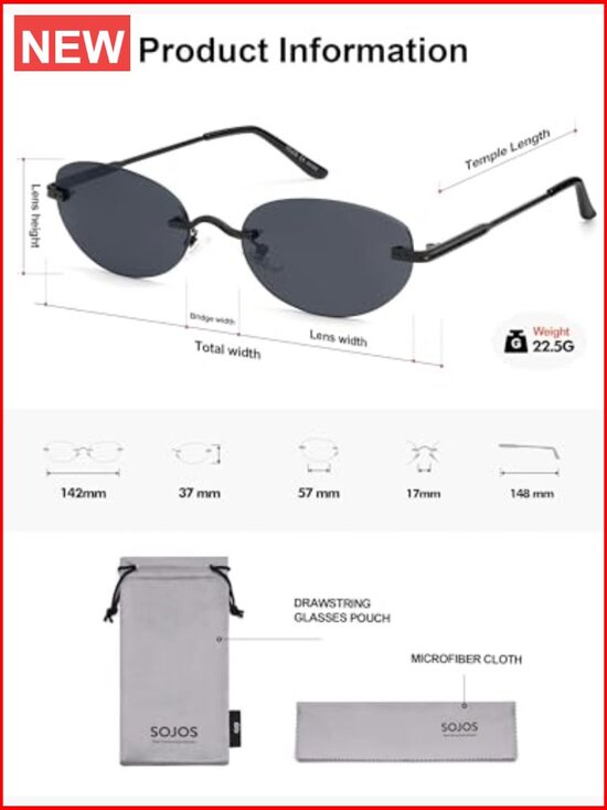 Retro Oval Rimless Sunglasses with UV400 Lenses, Small Fit main image 7
